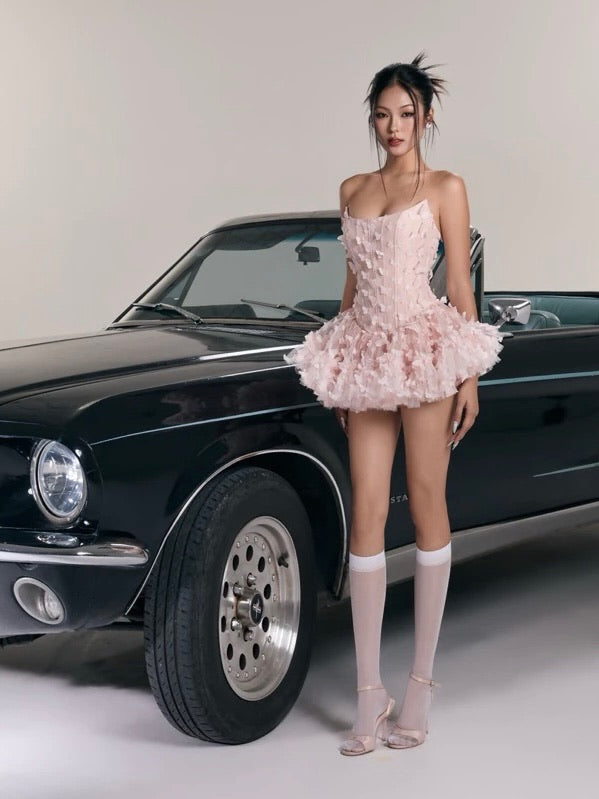 LANE CI - Blush Pink Floral Mini Swan Dress