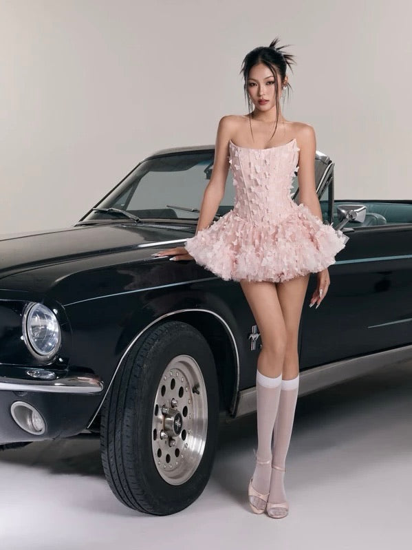 LANE CI - Blush Pink Floral Mini Swan Dress