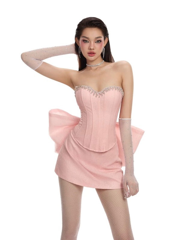LANE CI - Blush Pink Corset Bow Fussy Mini Dress Set