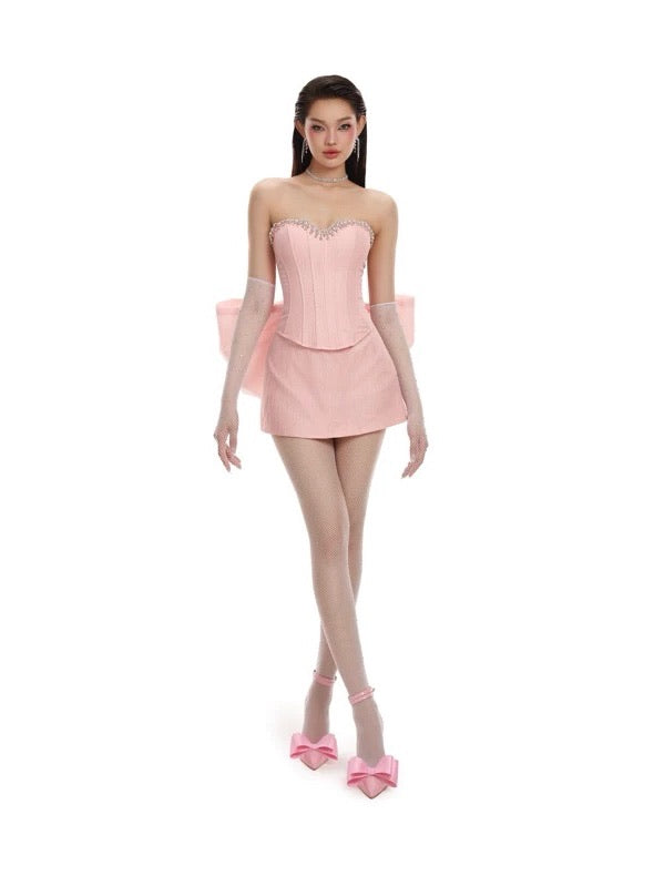 LANE CI - Blush Pink Corset Bow Fussy Mini Dress Set
