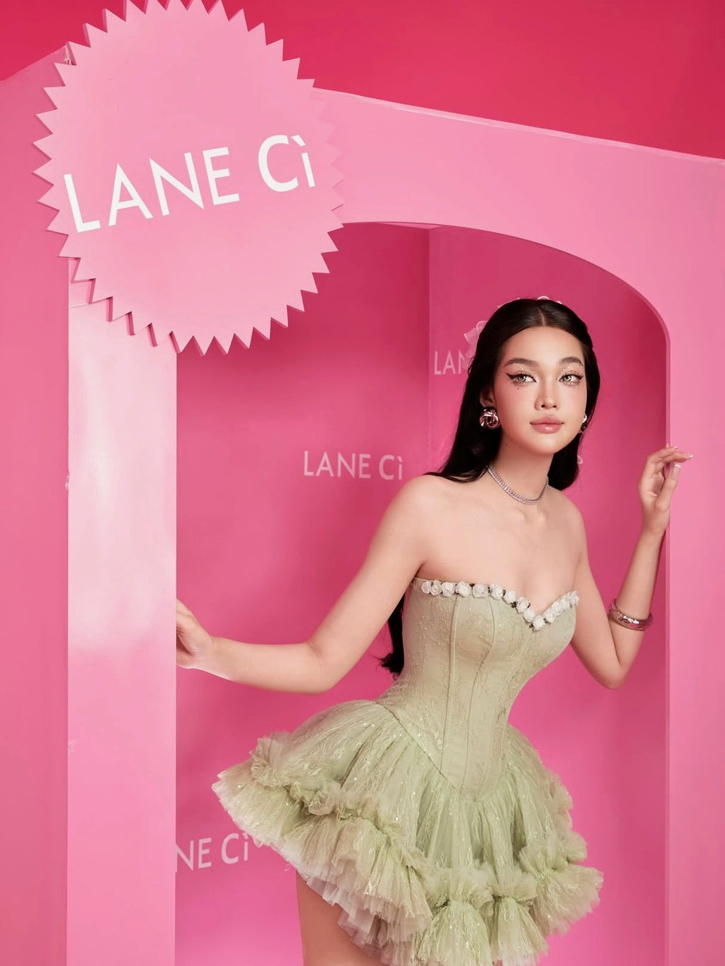 LANE CI - Pistachio Corset Mini Bloom Dress