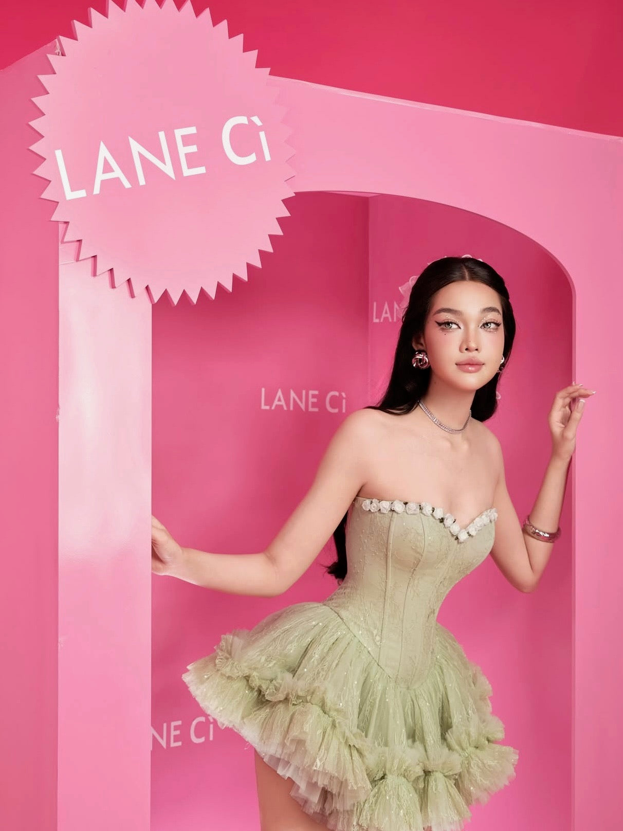 LANE CI - Pistachio Corset Mini Bloom Dress