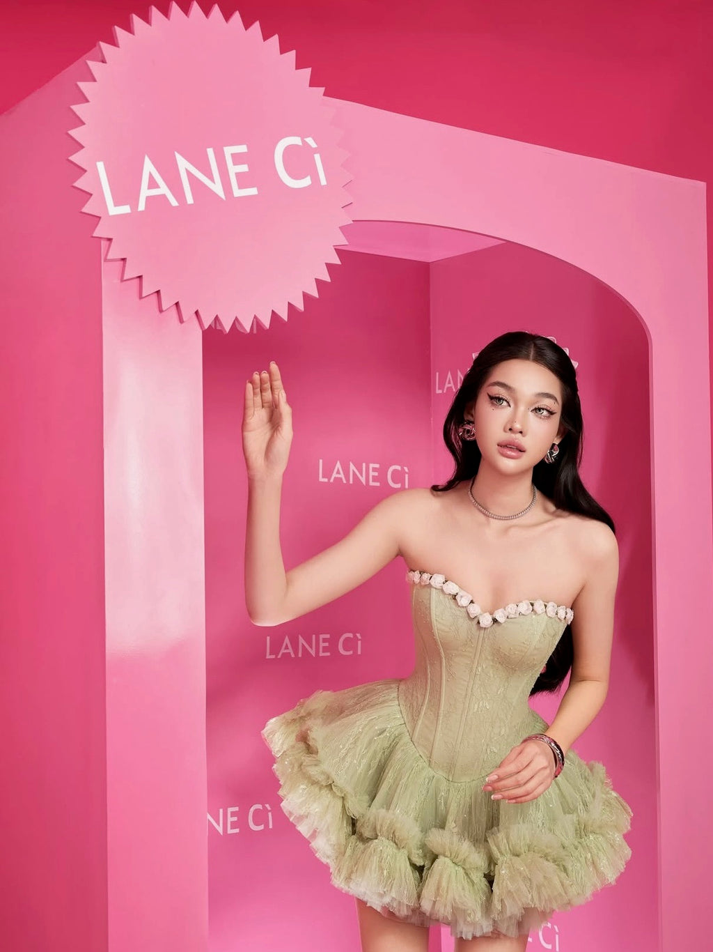 LANE CI - Pistachio Corset Mini Bloom Dress