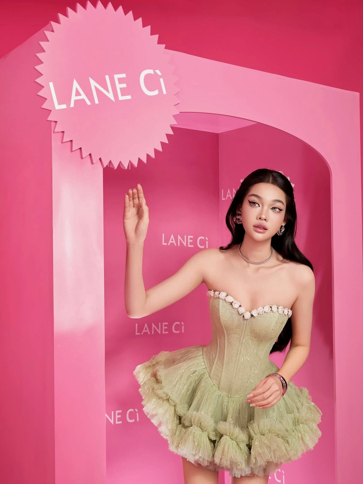 LANE CI - Pistachio Corset Mini Bloom Dress