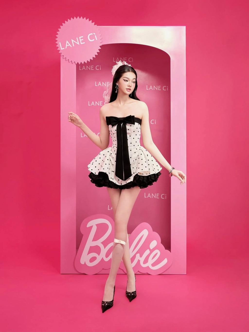 LANE CI - Noir Polka Dot Bow Mini Bunny Dress