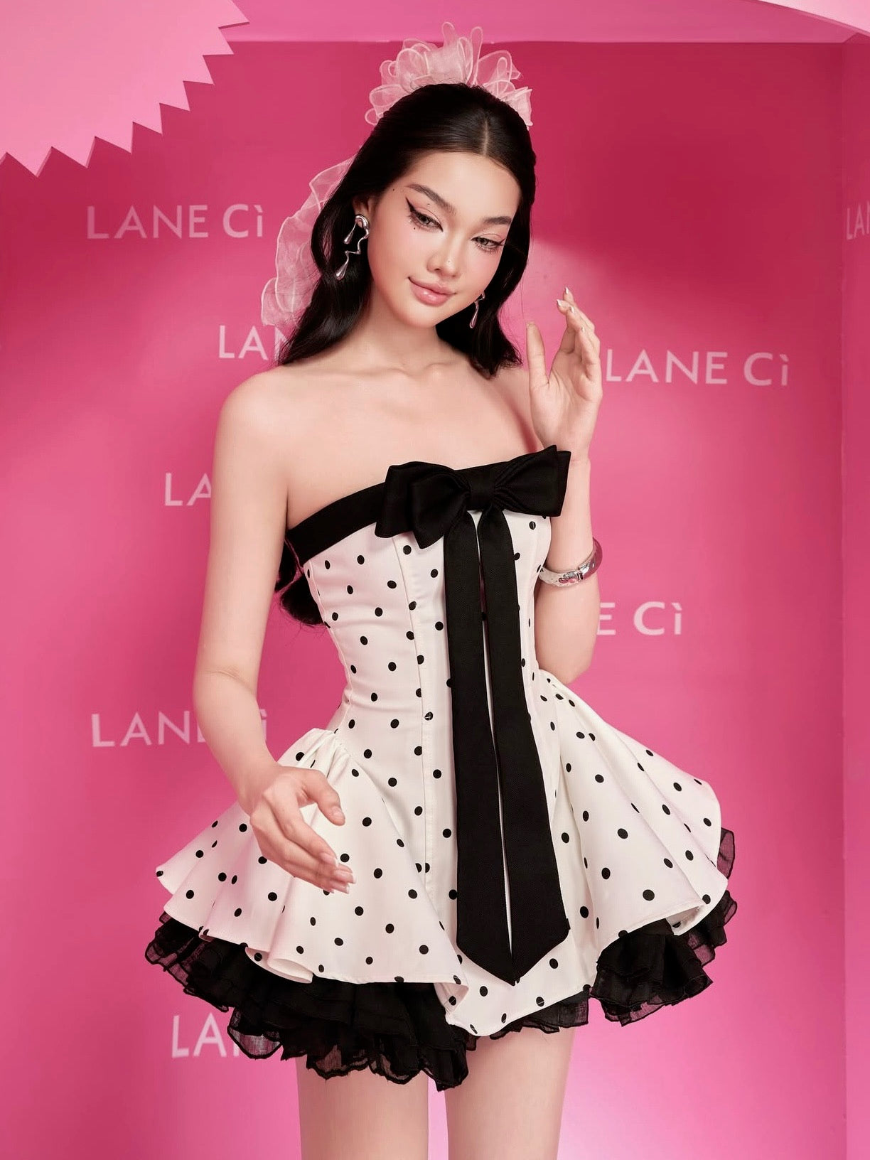 LANE CI - Noir Polka Dot Bow Mini Bunny Dress