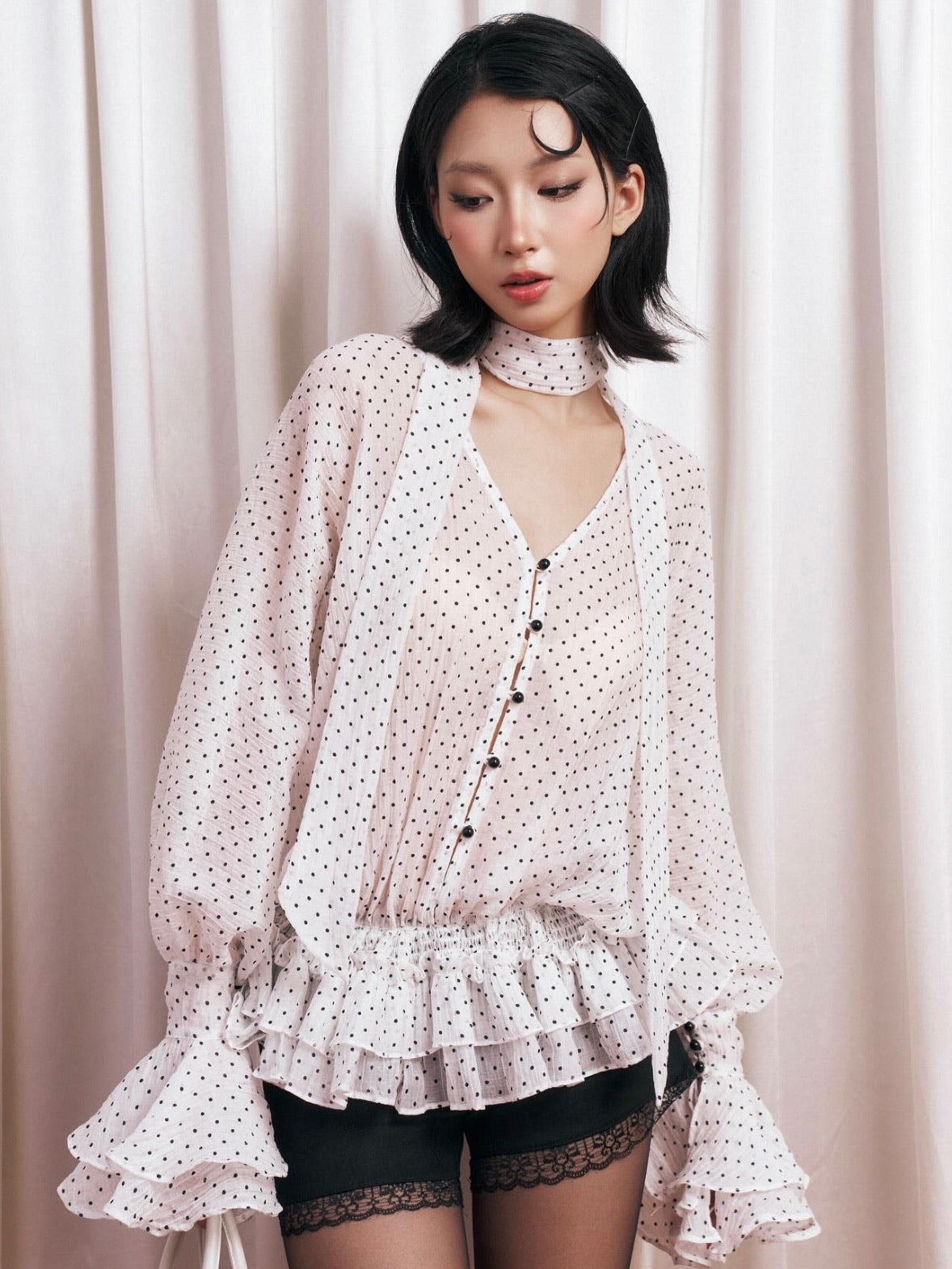 Chan Club Ivory Polka Dot Choker Blouse Athena Set
