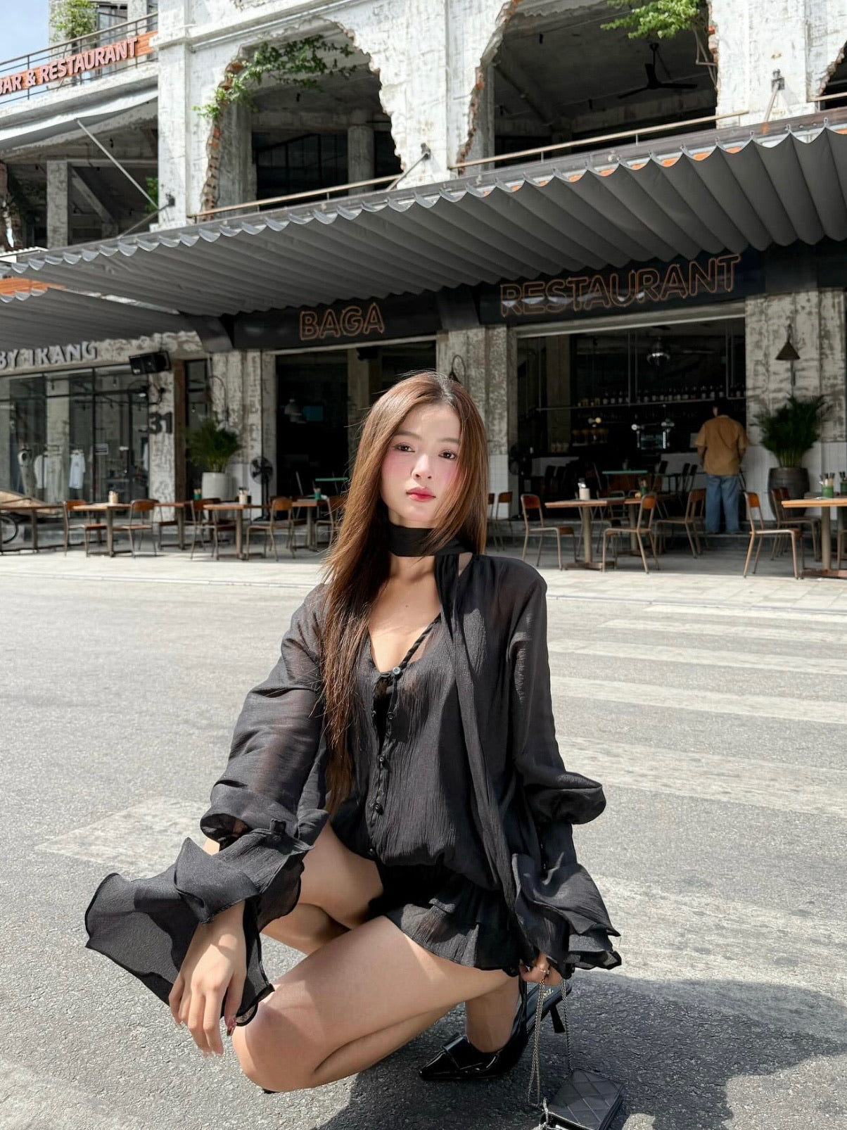 Chan Club Athena Lace Ruffle Blouse Set (Black/Ivory)