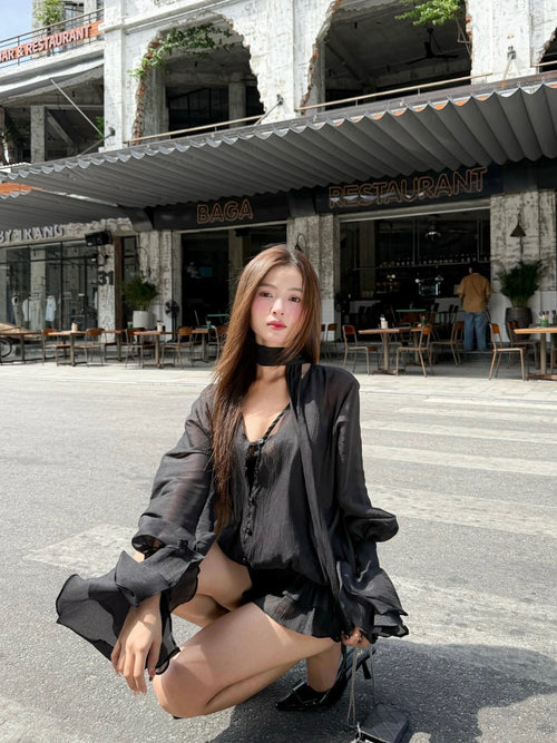 Chan Club Athena Lace Ruffle Blouse Set (Black/Ivory)