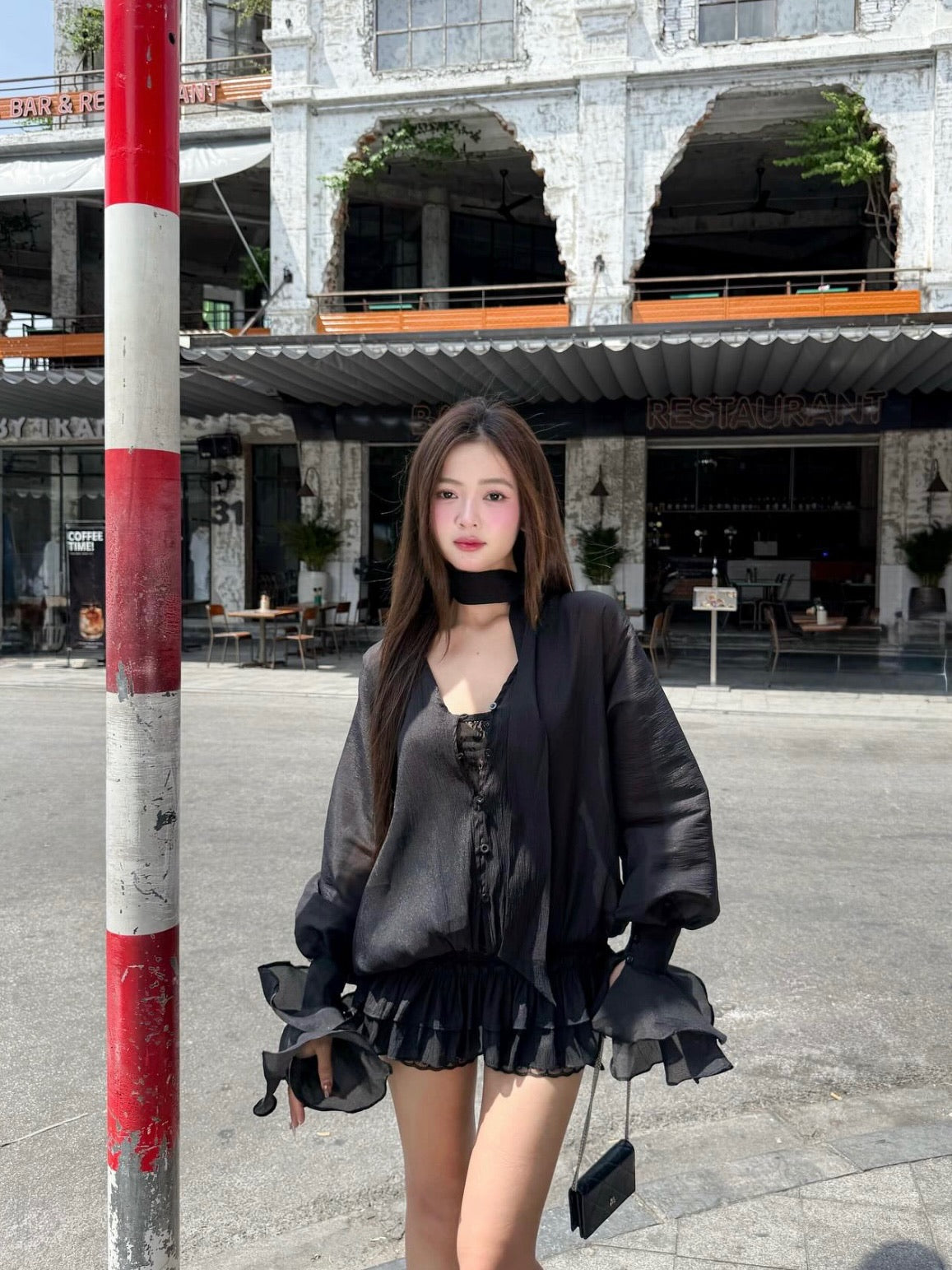 Chan Club Athena Lace Ruffle Blouse Set (Black/Ivory)