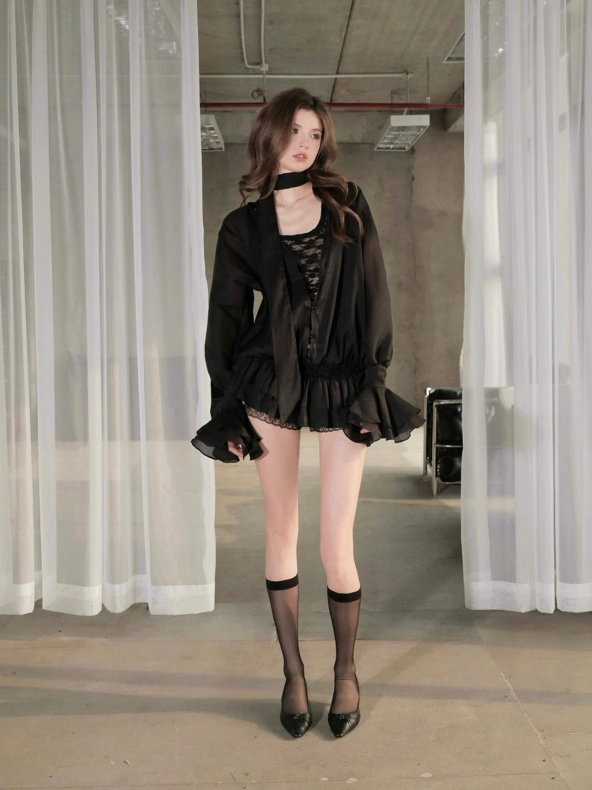 Chan Club Athena Lace Ruffle Blouse Set (Black/Ivory)