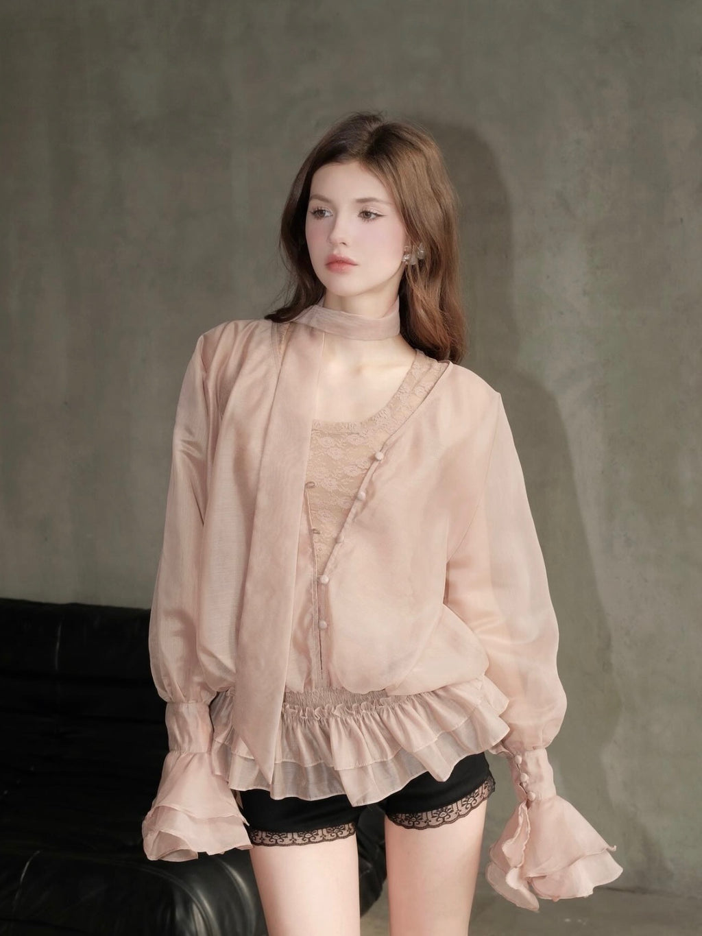 Chan Club Athena Lace Ruffle Blouse Set (Black/Ivory)