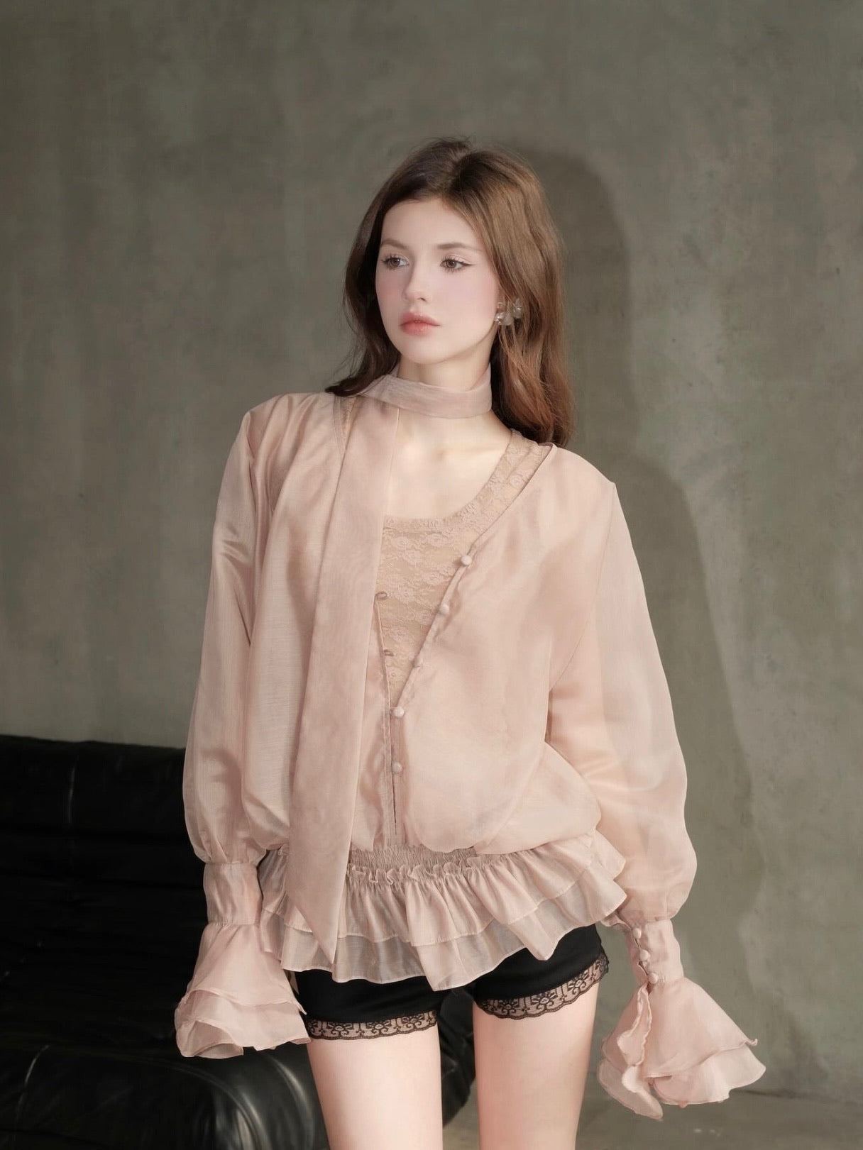 Chan Club Athena Lace Ruffle Blouse Set (Black/Ivory)