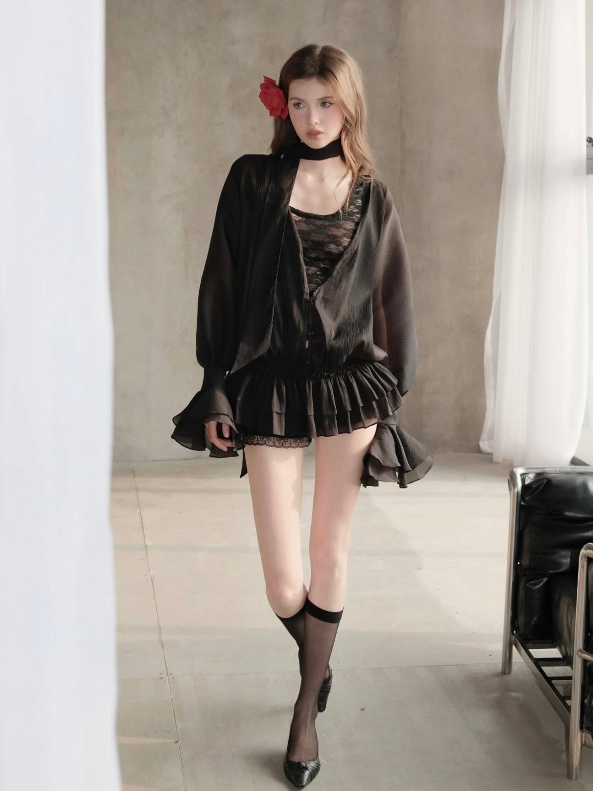 Chan Club Athena Lace Ruffle Blouse Set (Black/Ivory)