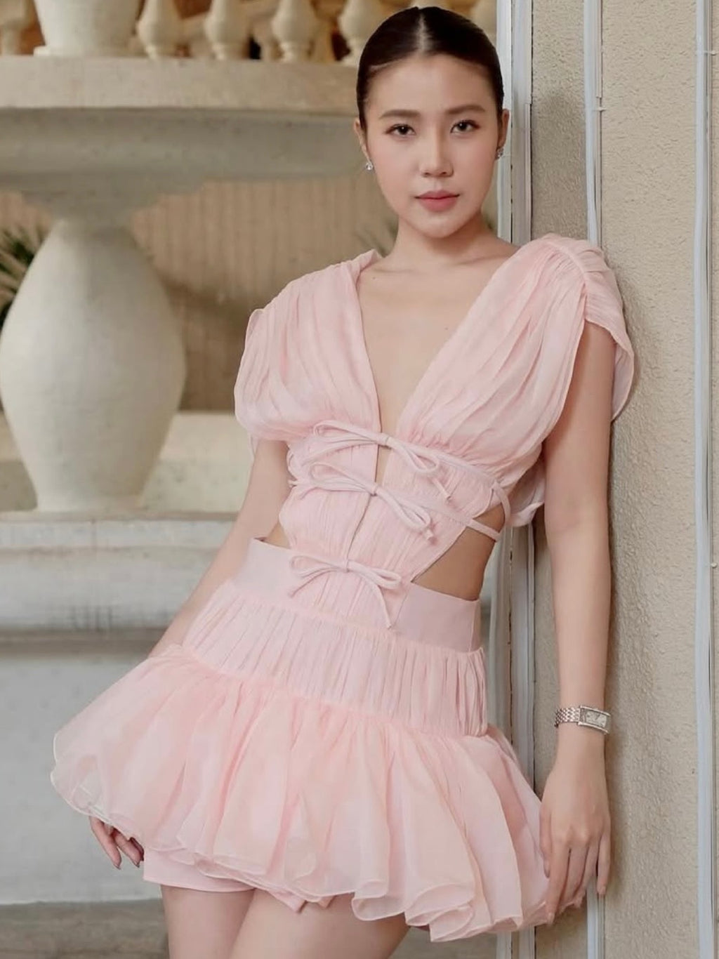 Jirene Studio Soft Pink Cut-Out Tie Mini Dress | RIBBON DRESS