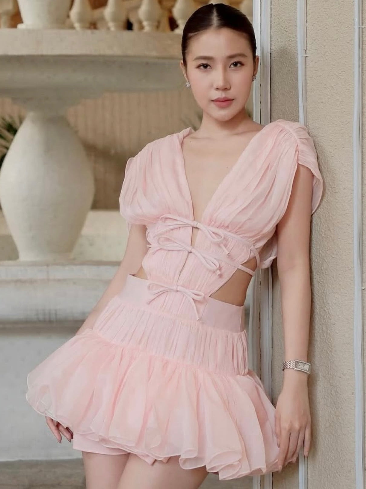 Jirene Studio Soft Pink Cut-Out Tie Mini Dress | RIBBON DRESS