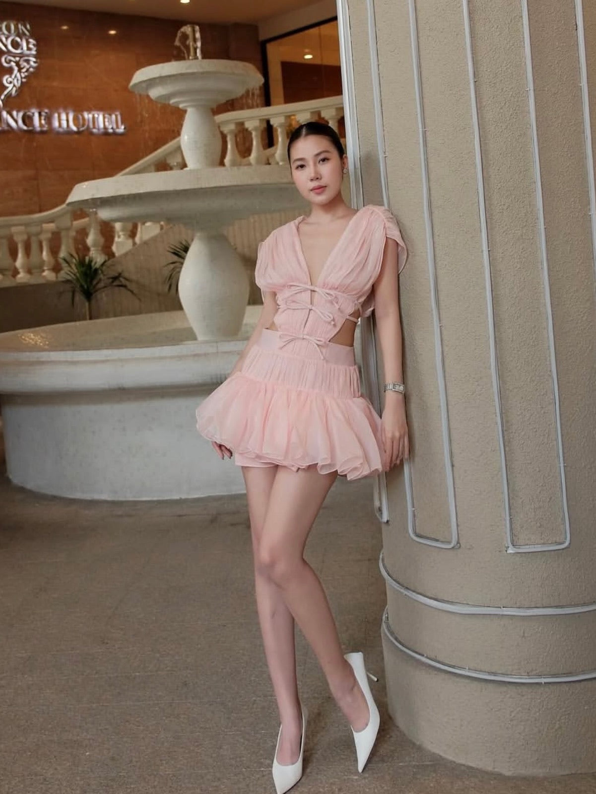 Jirene Studio Soft Pink Cut-Out Tie Mini Dress | RIBBON DRESS