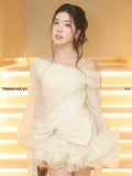Jirene Studio Cream Off-Shoulder Bow Mini Dress | NAMI DRESS