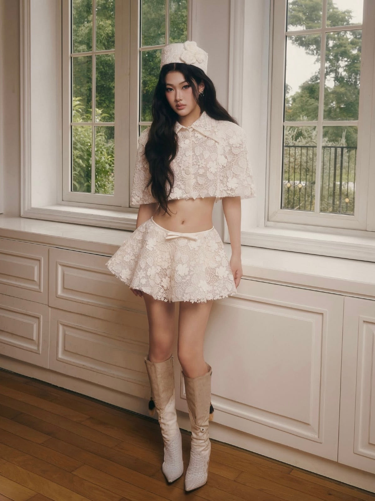 Jirene Studio Ivory Lace Cape Top & Skirt Set | DOUCE SET