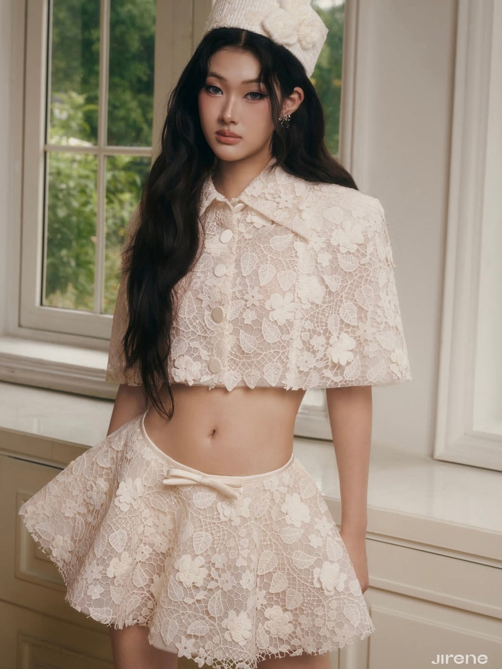 Jirene Studio Ivory Lace Cape Top & Skirt Set | DOUCE SET