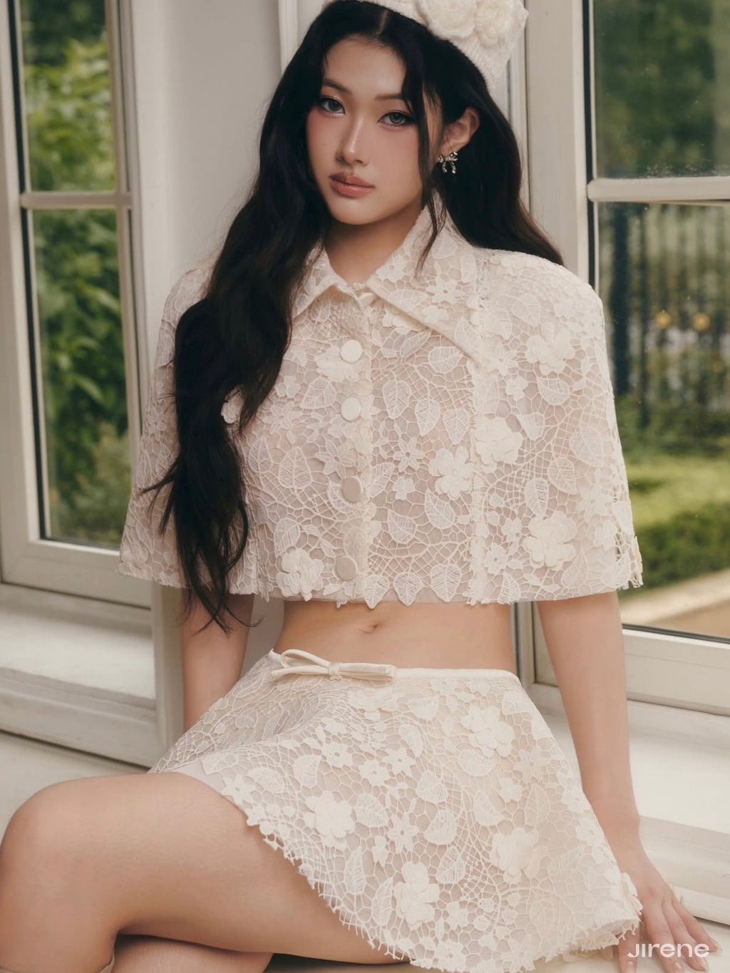 Jirene Studio Ivory Lace Cape Top & Skirt Set | DOUCE SET