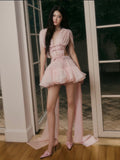 Jirene Studio Pink Embroidered Ruffle Mini Dress | RIBBON DRESS