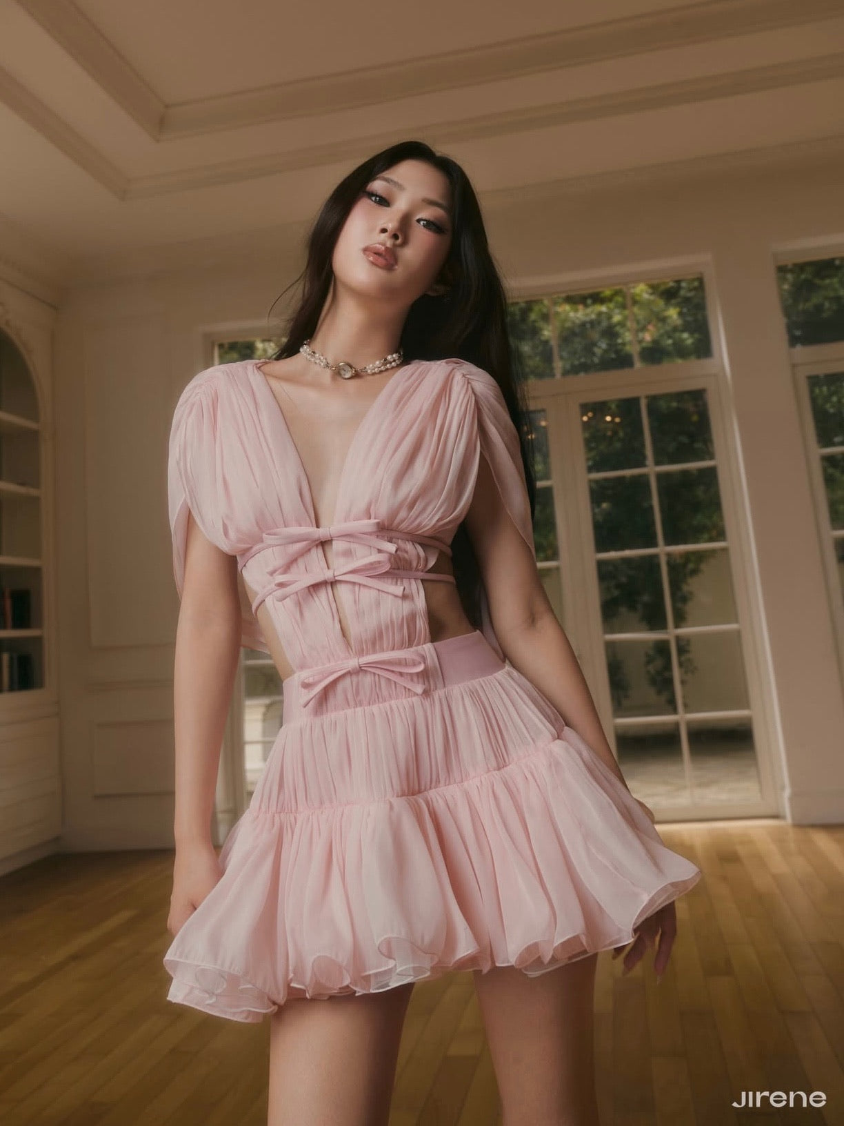 Jirene Studio Pink Embroidered Ruffle Mini Dress | RIBBON DRESS