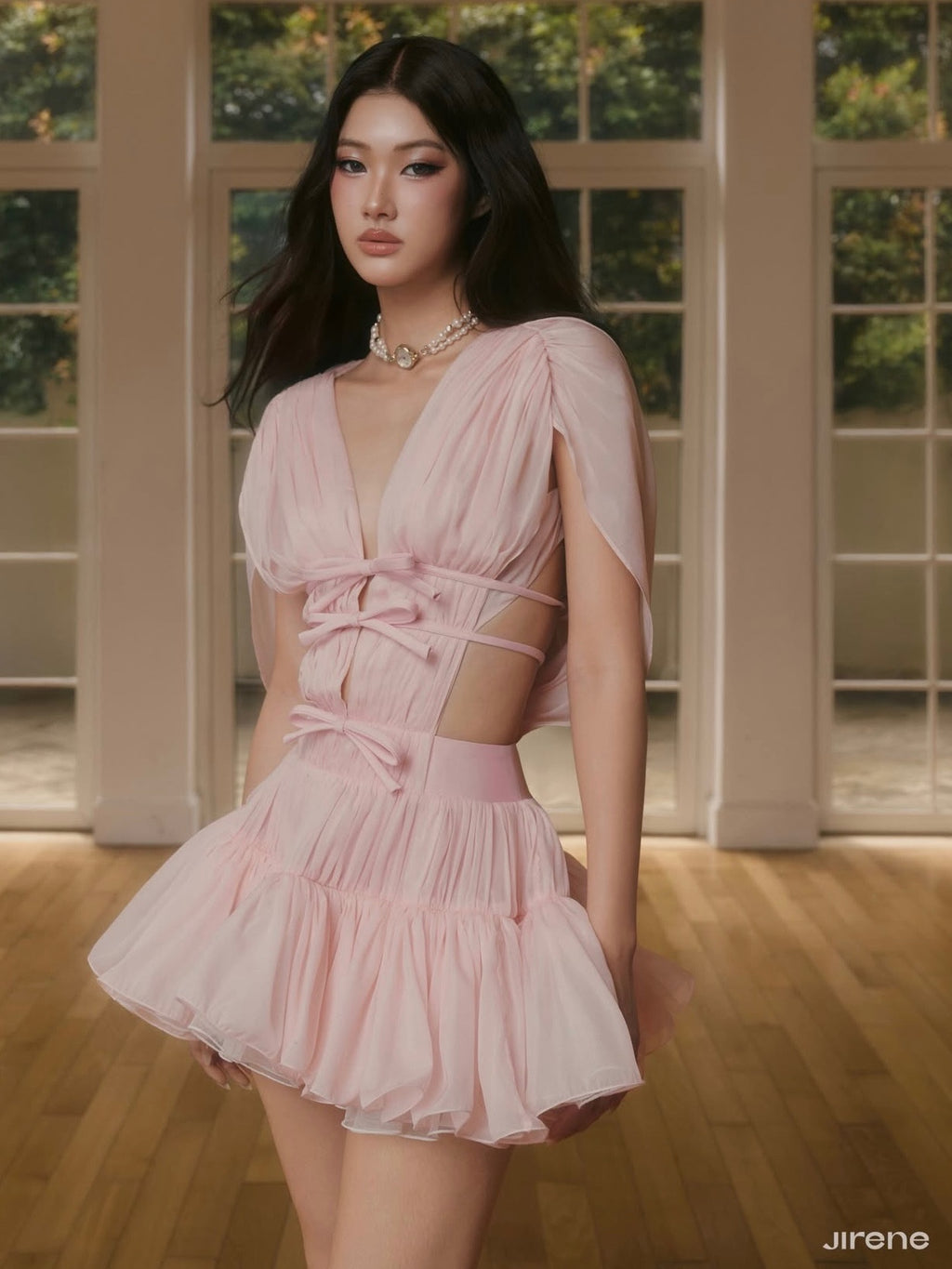 Jirene Studio Pink Embroidered Ruffle Mini Dress | RIBBON DRESS