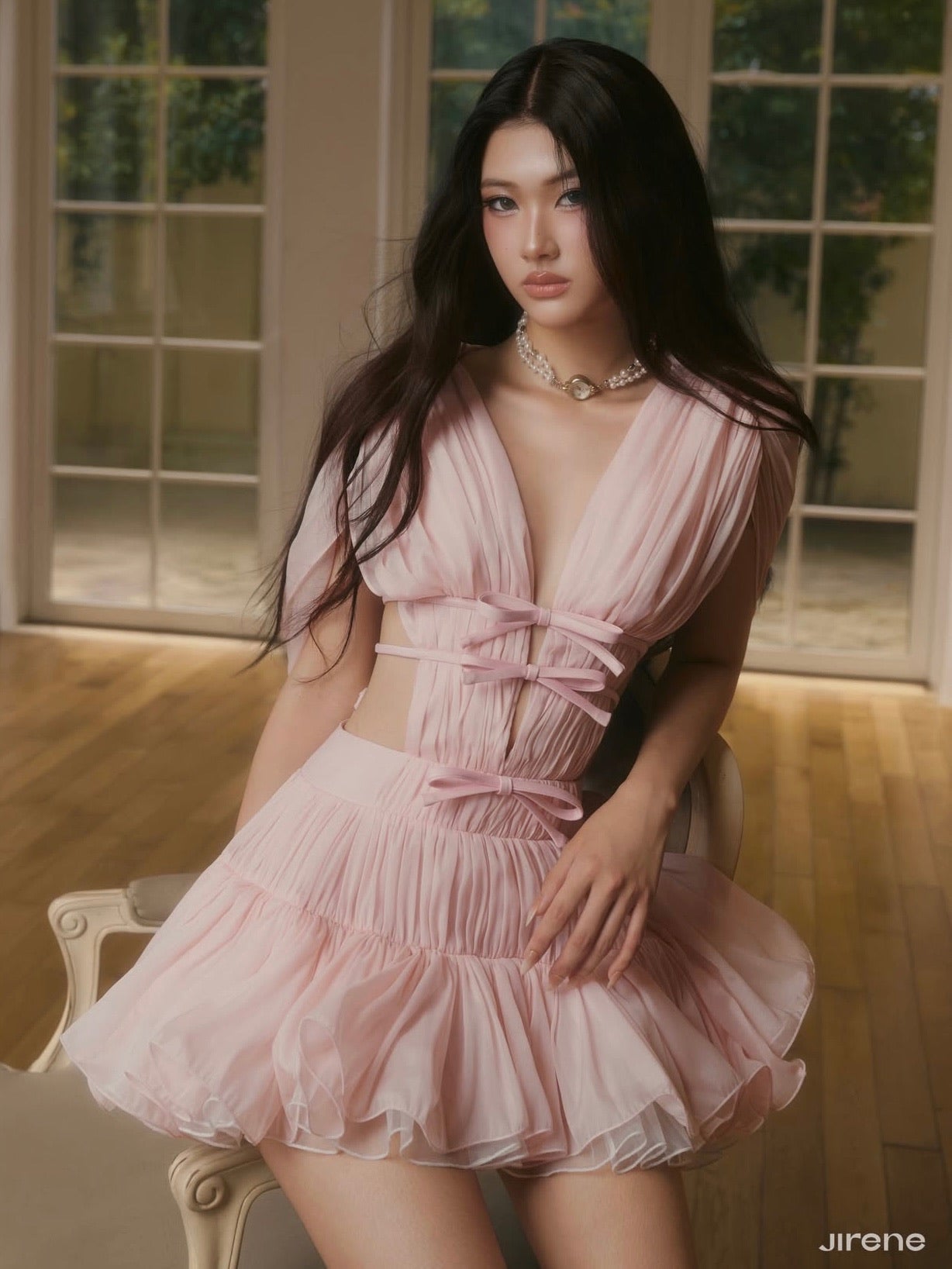 Jirene Studio Pink Embroidered Ruffle Mini Dress | RIBBON DRESS