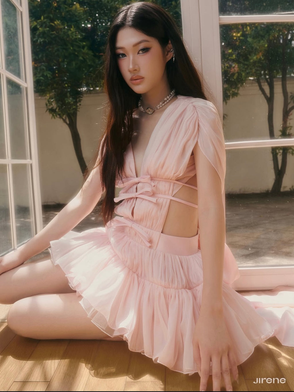 Jirene Studio Pink Embroidered Ruffle Mini Dress | RIBBON DRESS